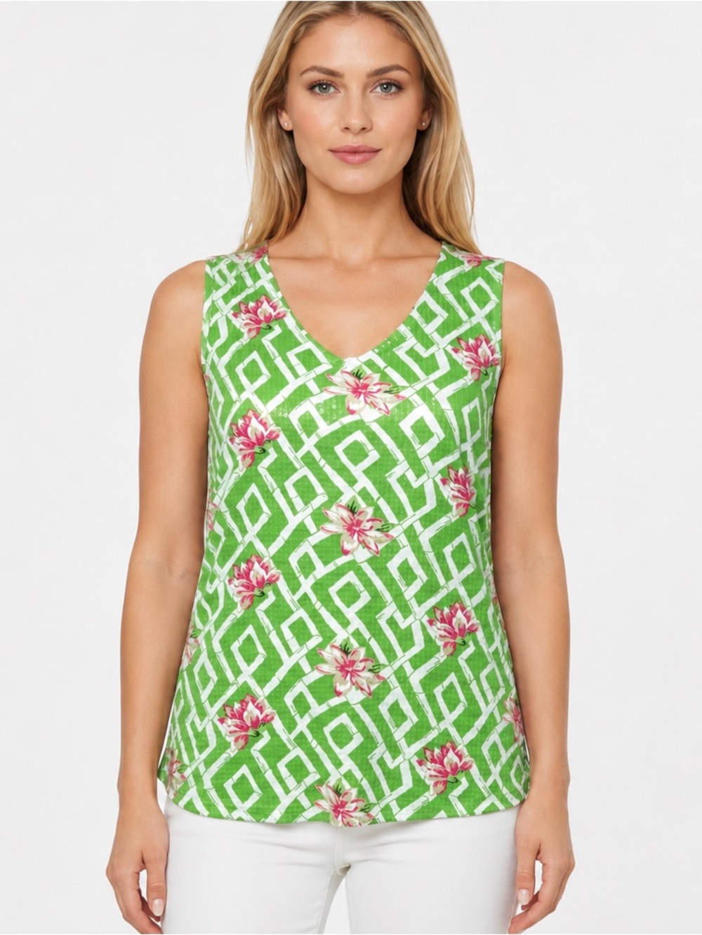 Charter Club Rio De Flor Sequin Floral Lattice Print Front Tank Top Size Large